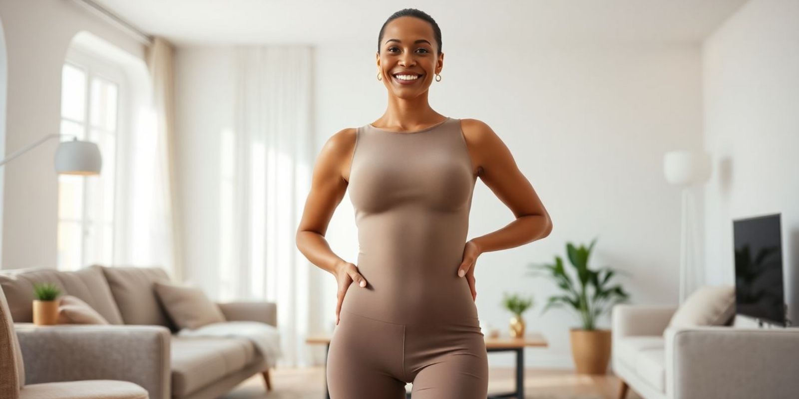Femme souriante portant un body gainant beige HeyBody dans un salon moderne, silhouette lissée et sculptée avec confort