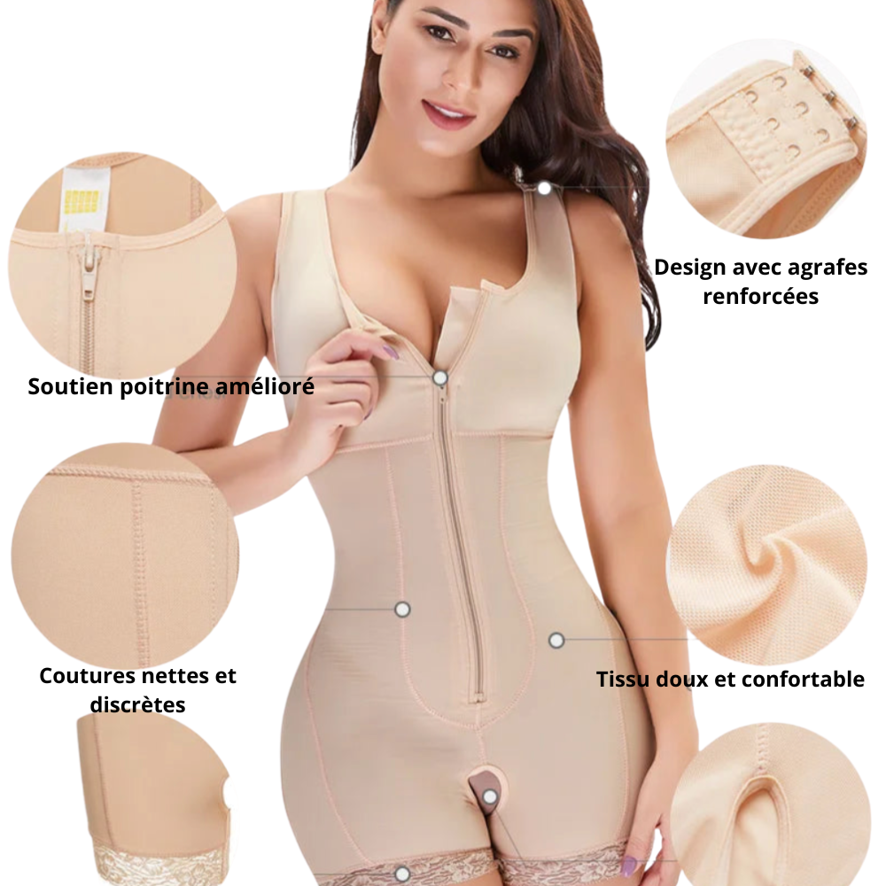 Body gainant beige HeyBody avec détails techniques : soutien poitrine renforcé, coutures discrètes, tissu doux et confortable, design avec agrafes renforcées