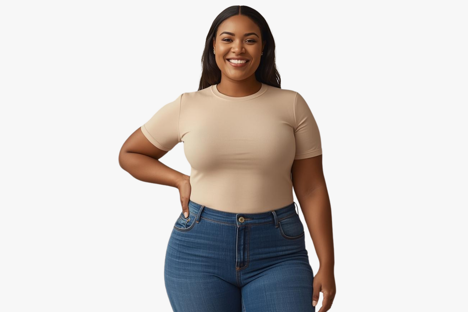 Femme souriante portant un body gainant invisible HeyBody sous un tee-shirt beige et un jean, silhouette affinée et naturelle