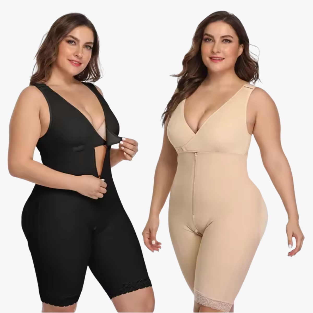 Offre duo HeyBody : body gainant invisible noir et beige, sculptant, confortable et invisible sous les vêtements, disponible du XS au 6XL
