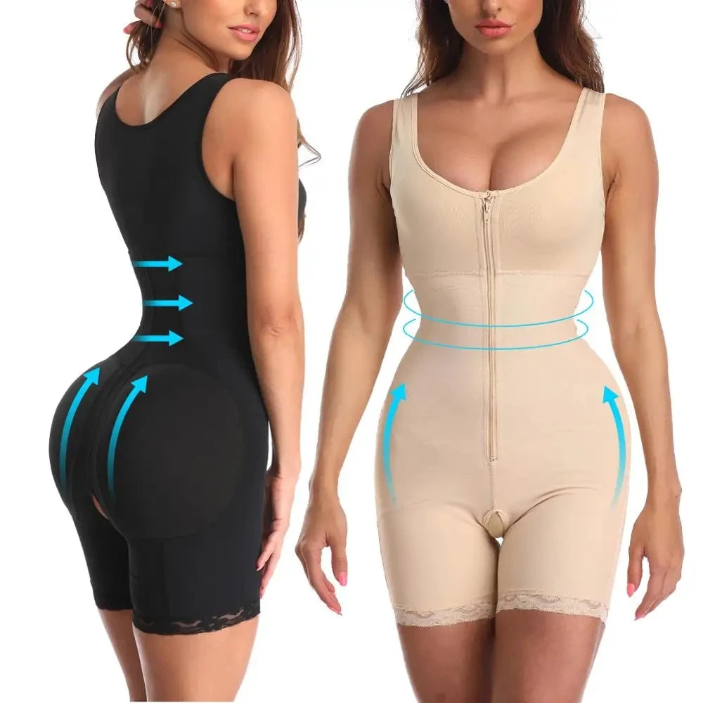 Deux femmes portant un body gainant HeyBody, noir et beige, avec flèches illustrant l’effet sculptant et l’amincissement de la taille